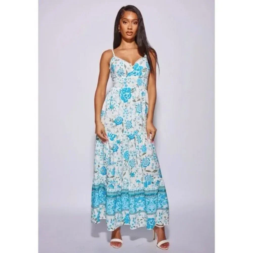 Blue Floral Print V-Neck Open Back Tiered Maxi Dress - Picture 12 of 15